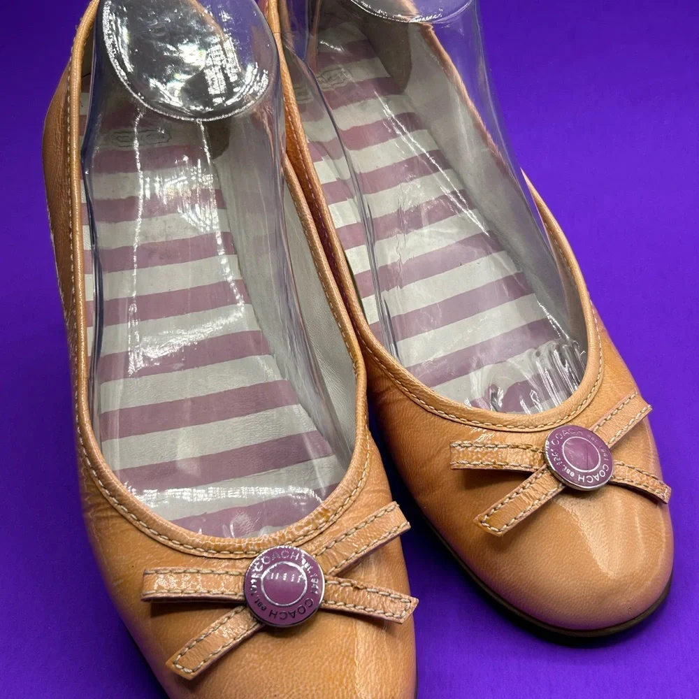Coach Tan Leather Ballet Flats with Purple Button Detail